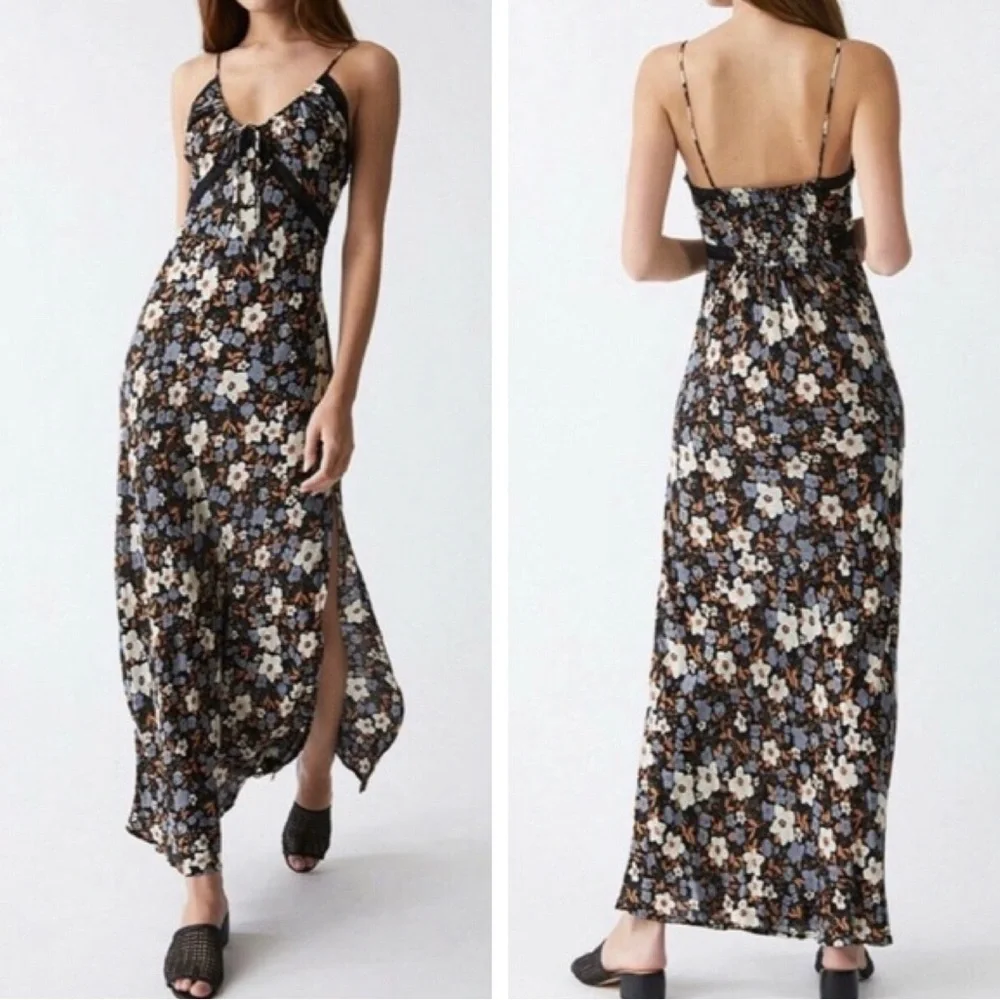 Free People All I Wanted Lace Floral Ditsy Black Brown Maxi Slip Dress size S